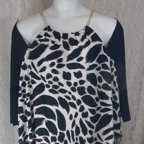 Melissa Paige Cold Shoulder Plus Knit Top Blouse Leopard Print Black Red - Picture 2 of 10